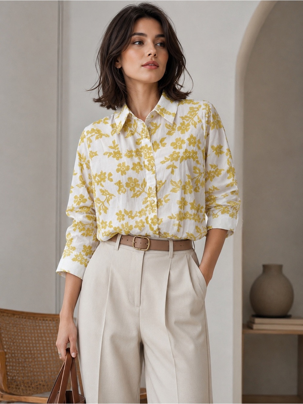 Ollari Women’s Embroidered Floral Button-Up Blouse White Mustard  Long Sleeve M